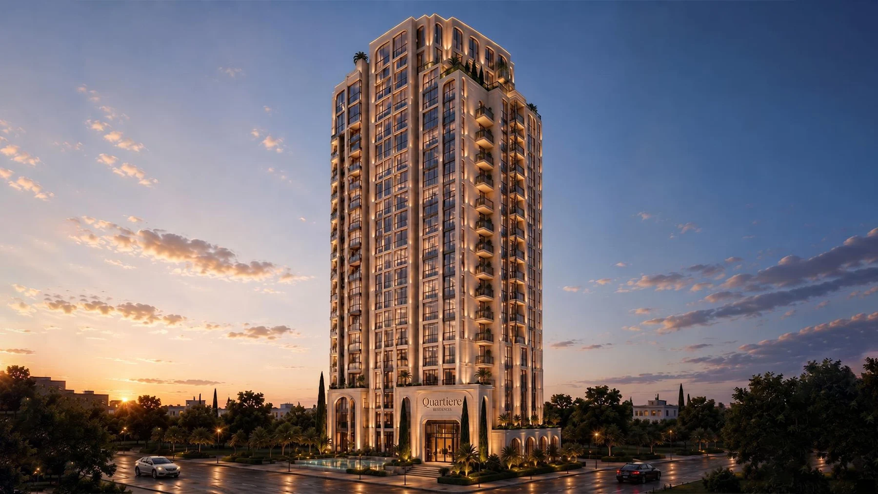 Render de la fachada de Quartiere al atardecer